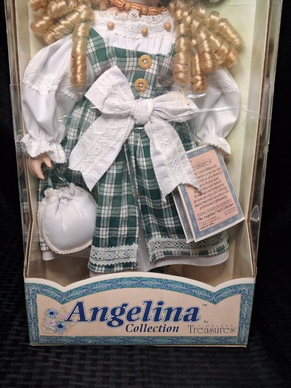 Vintage 2001 Angelina Collection Fine Porcelain Doll Green Plaid NIB w/ COA - Picture 3 of 16